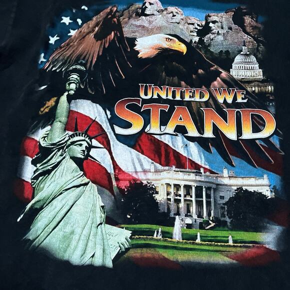 Vintage 90s United We Stand T-Shirt Large Black USA Flag Eagle SingleStitch Flaw - Picture 2 of 8